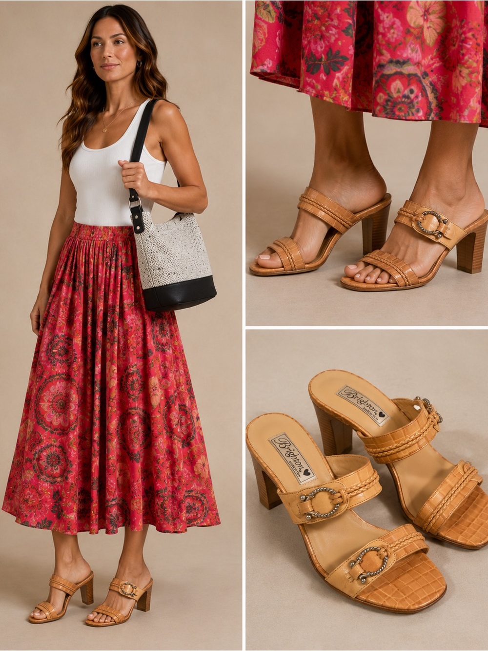 Brighton Animal Embossed Leather Double Strap Open Toe Sandals Tan Size 8